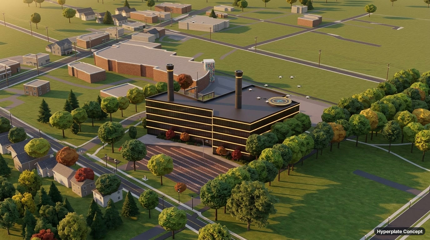 High aerial view from the southeast of the five-story campus at 64 E. Walnut St., with its two towers, rooftop drone pad, staging plaza, the tree line along the trail, and the library to the northwest.