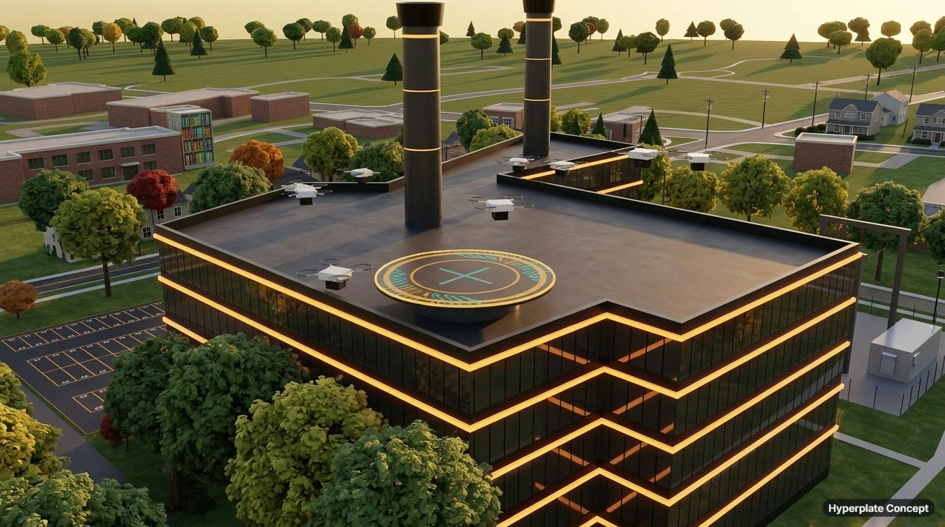The campus roof with a circular amber and teal drone pad, several delivery drones landing and taking off, and the two exhaust towers, with the library and Uptown rooftops beyond.