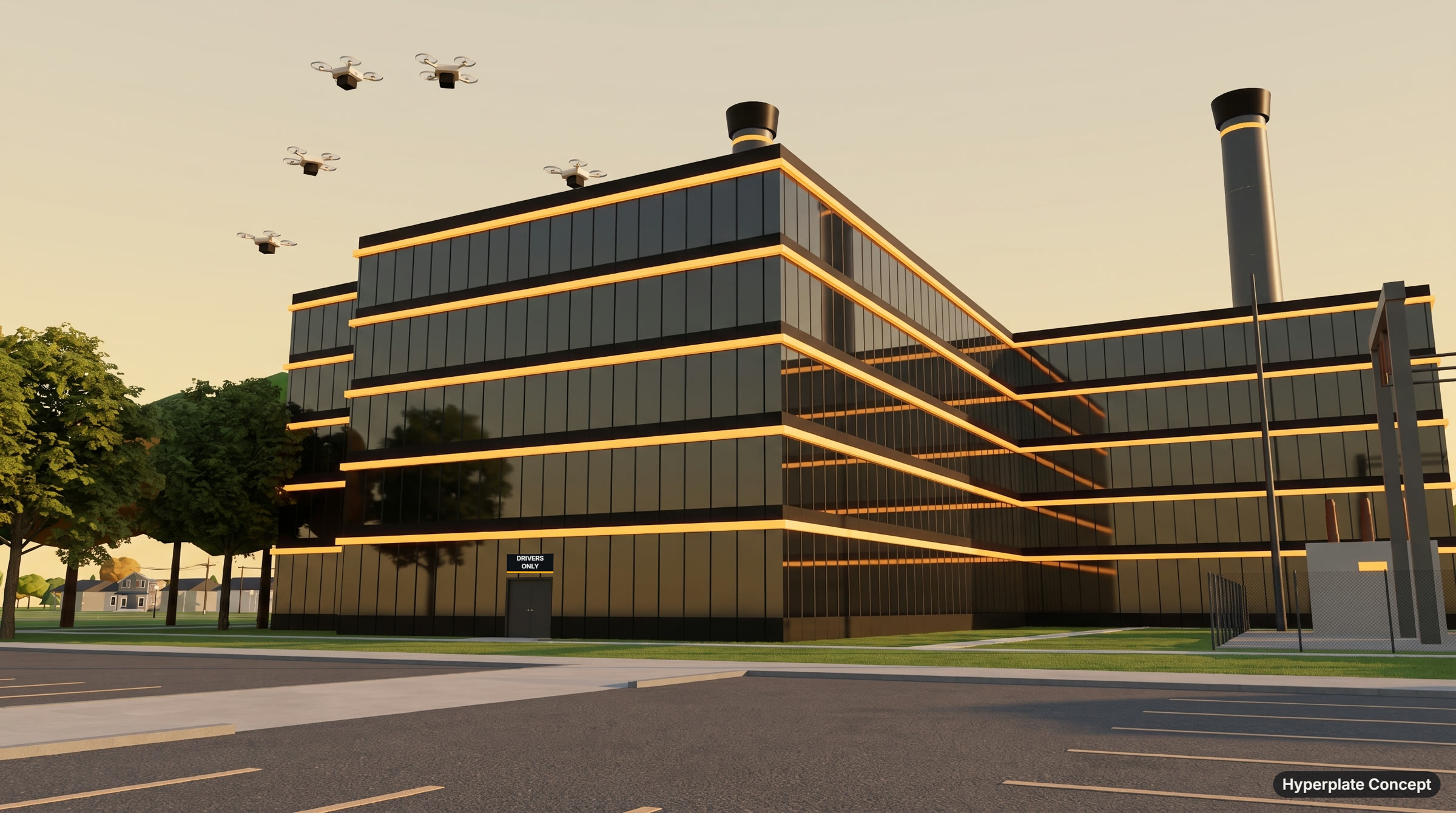 The five-story Hyperplate campus in dark glass with amber light bands at every floor, a single door marked Drivers Only, delivery drones overhead, and an exhaust tower rising past the roof.