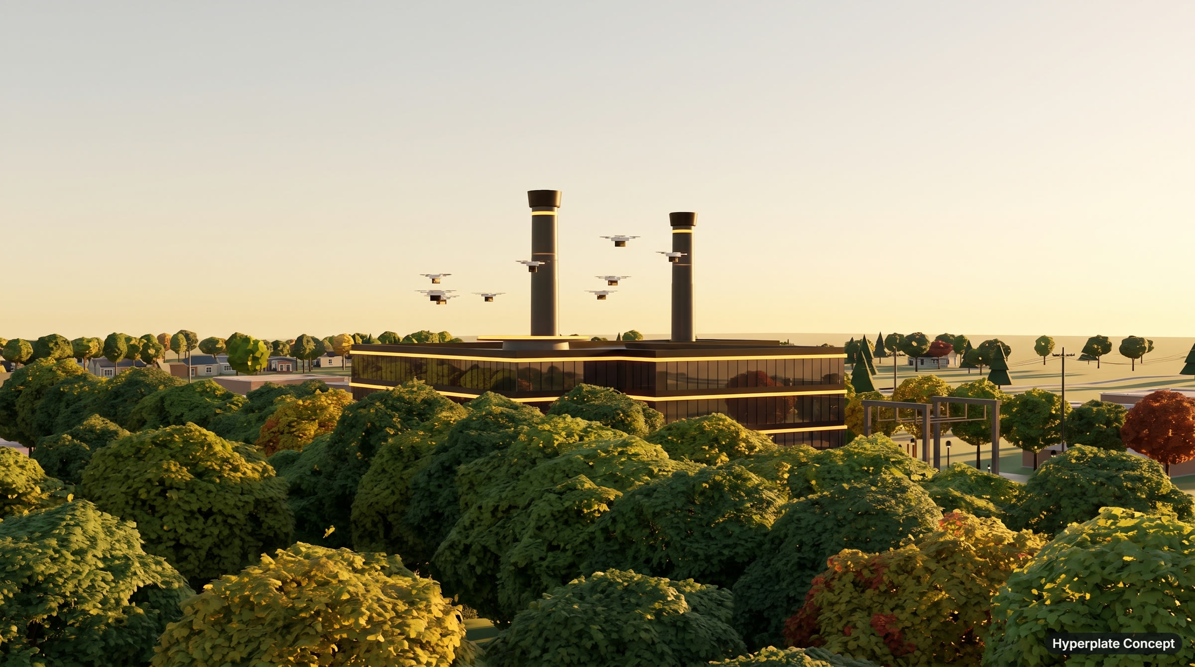 Above a dense canopy of trees, the two Aroma Distribution Towers and the top floors of the campus rise against a golden sky, with delivery drones circling.