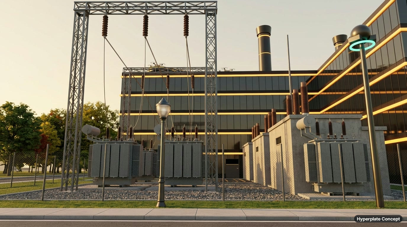 A fenced electrical substation with steel gantries, insulators, and large transformers beside the glass campus, seen from the Library Road sidewalk, with a lamp post in front.