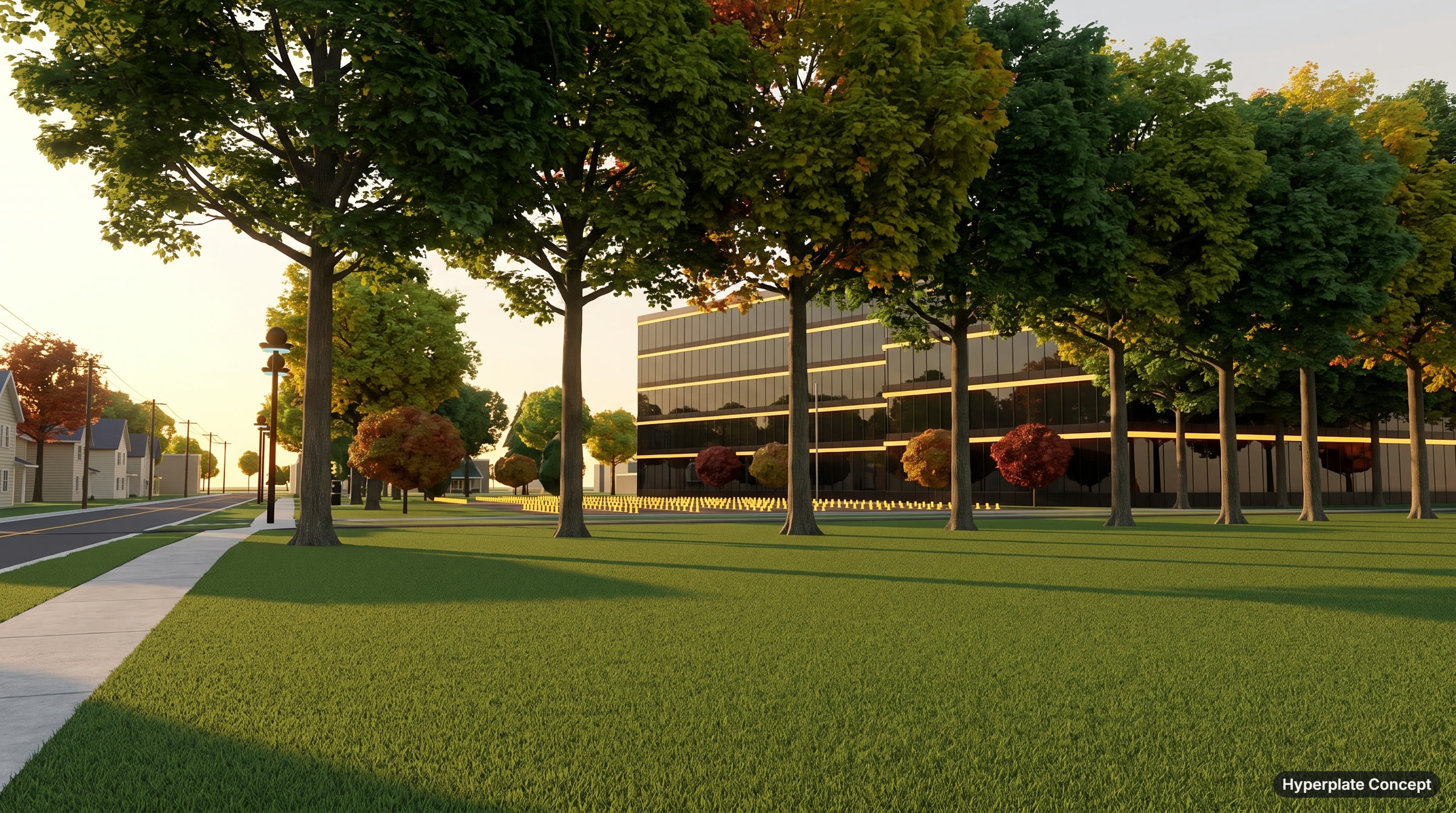 View along E. Walnut St. past a row of mature trees on a lawn to the campus, whose plaza glows with rows of amber bay markers.